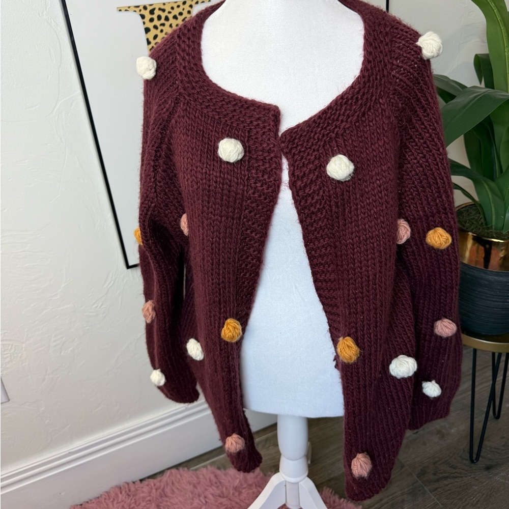 Listicle Burgundy Chunky Knit Pom Pom Cardigan Sweater Multicolor Popcorn Sleeve